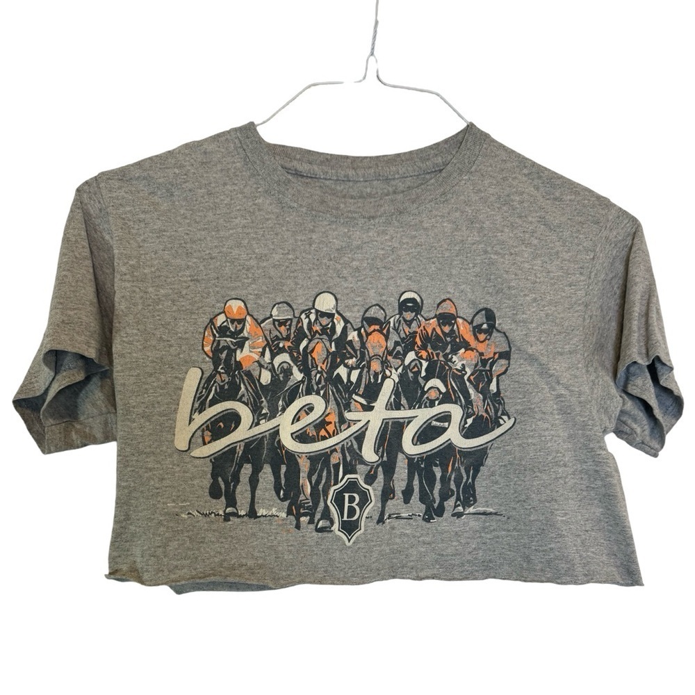 Horse Racing T-Shirt Gray Crop Top Size S Small